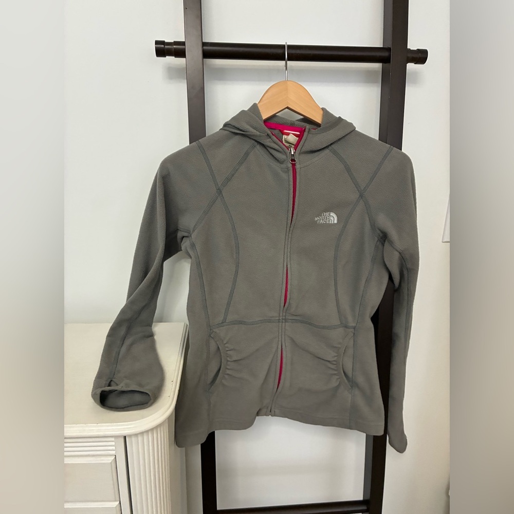 The North Face Gray Hoodie Fleece Jacket Pink Trim Size S Pockets Thumb holes